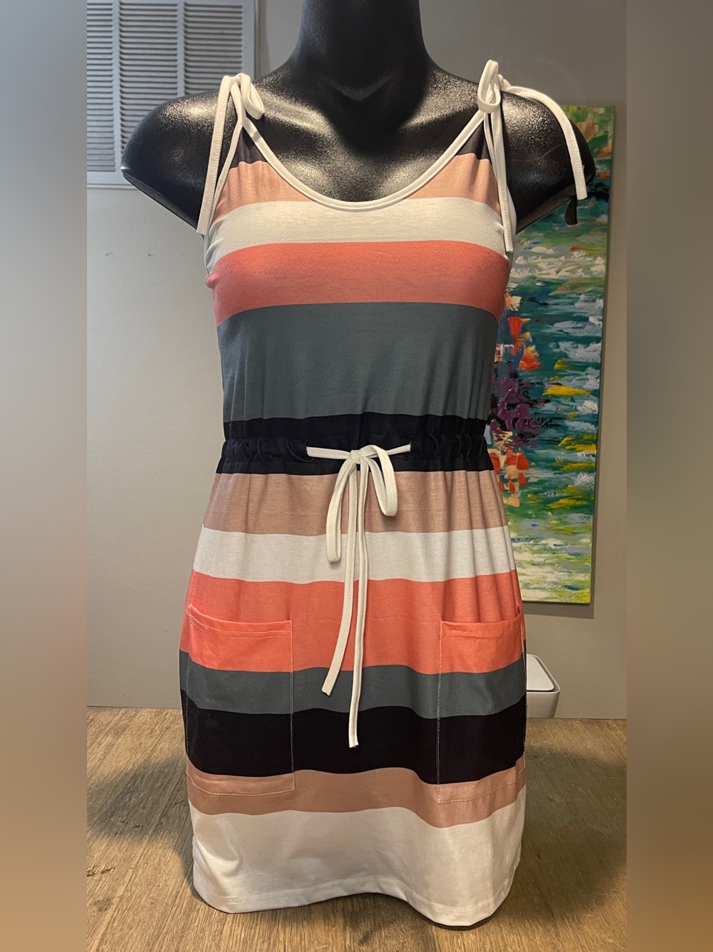 Etcyy New Striped Tie-Waist Swim Cover-Up Dress in Coral, Gray & White, Size Sm